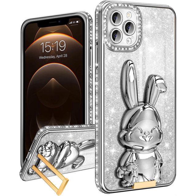 Funda para teléfono Apple iPhone 13 Pro Max para mujer, bonita funda con purpurina para niña, estuche de lujo con diseño de conejo kawaii, con soporte y brillantes diamantes de imitación