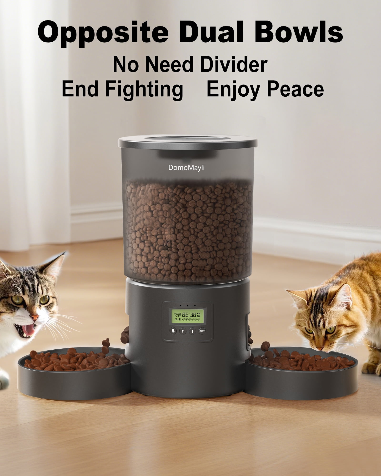 DomoMayli Automatic Dual Cats Feeder 2 Cats,Dual Power,Flexible Schedule Timer ,6 Meals 12 Portions Per Day nser 2 Cats,Flexible Schedule Auto Pet Feeder  double bowls,Timer 10S Voice Record