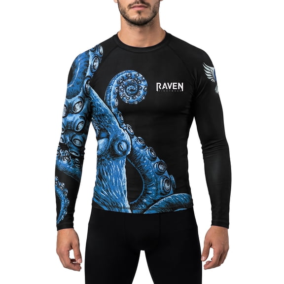 Raven Fightwear Men's Kraken Octopus IBJJF Approved Rash Guard Blue X-Large