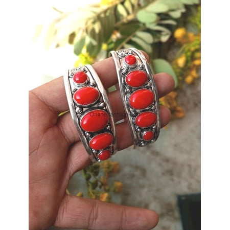 Coral Gemstone 925 Sterling Silver Plated HandmadeBangle 5 pcs