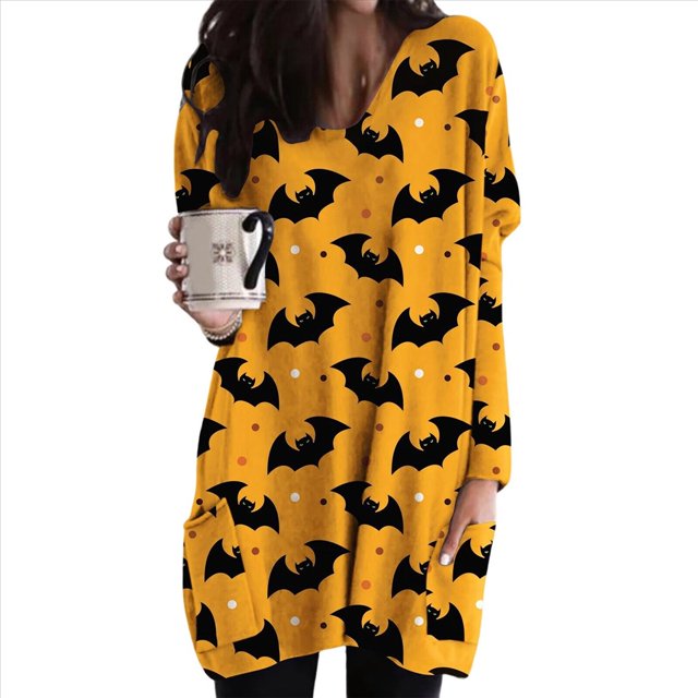 Camisones Naranjas de Halloween con Diseño de Murciélagos para Mujer, de Larga, Suaves, para Estar en Casa. Flor º 1 L