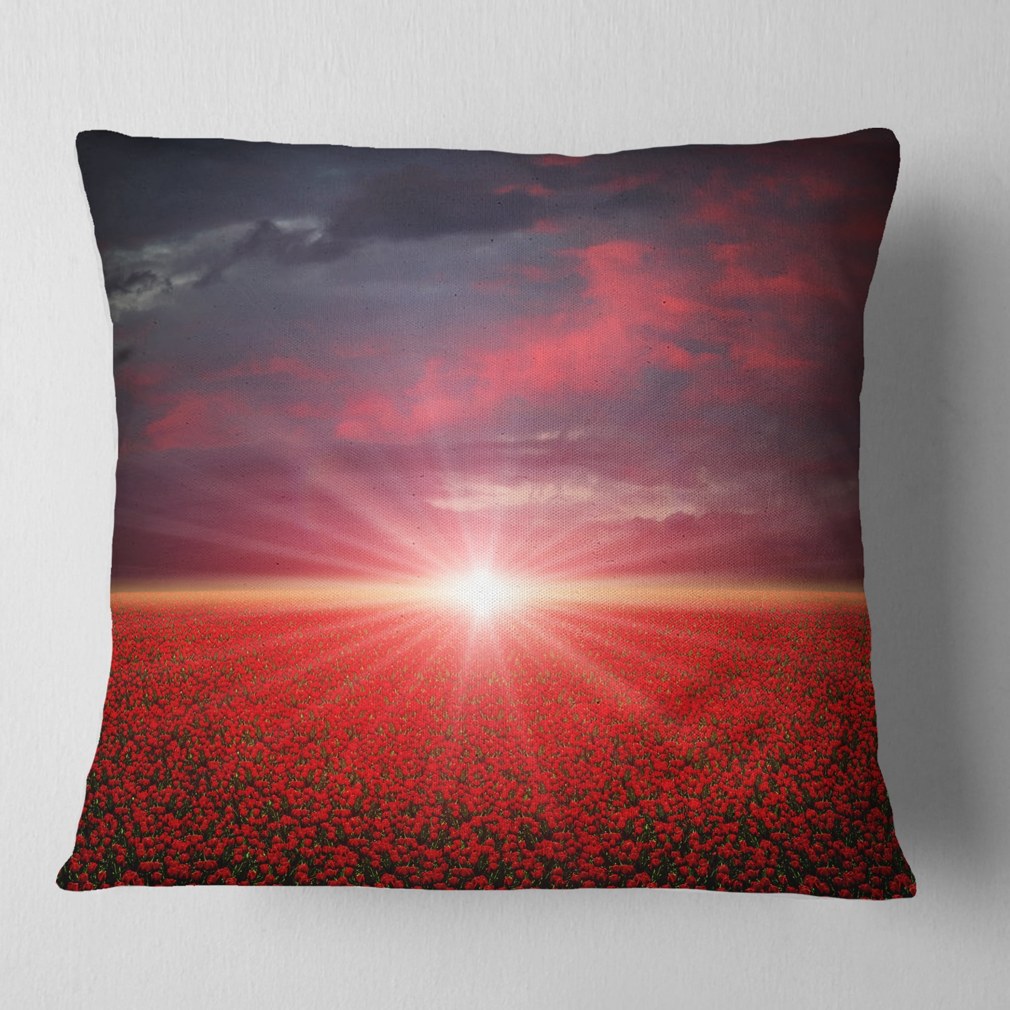 Designart Red Poppies Field at Sunset - Modern Landscape Printed Throw Pillow - 18x18