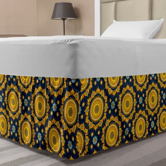 Ethnic Bed Skirt, Rhythmic Sun Symbol Flowers Motifs in Bicolored Illustration Print, Elastic Bedskirt Dust Ruffle Wrap Around for Bedding Decor, 4 Sizes, Marigold Dark Violet Blue, by Ambesonne