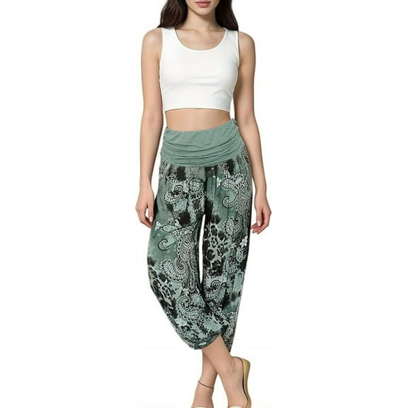Plus-Size Comfortable Boho Yoga Long Pants Women's Plus-Size Print Pleated High-Waisted Travel Casual Pants