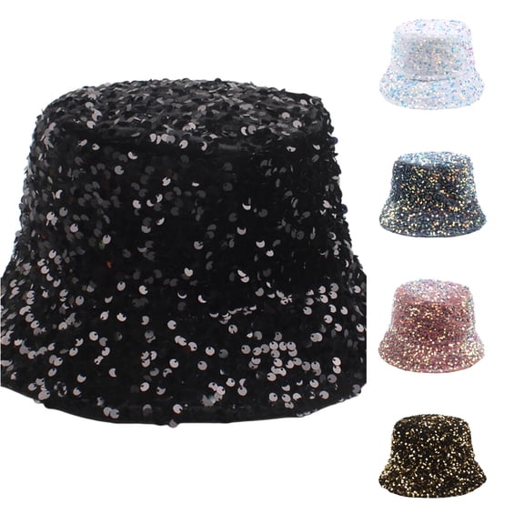 XIAOCHA Mens Sequin‑Decor Bucket Hat Fashion Solid Sun Hat Party Sun Hat,Black