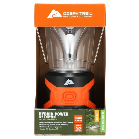 Ozark Trail 1500 Lumens LED Hybrid Power Lantern with Rechargeable Battery and Power Cord, Black