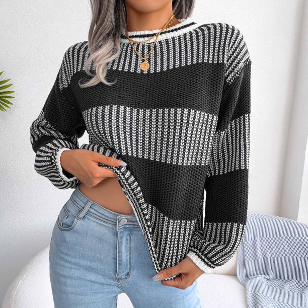 Suéter de cuello redondo para mujer, color liso, manga larga, cuello redondo, poliéster