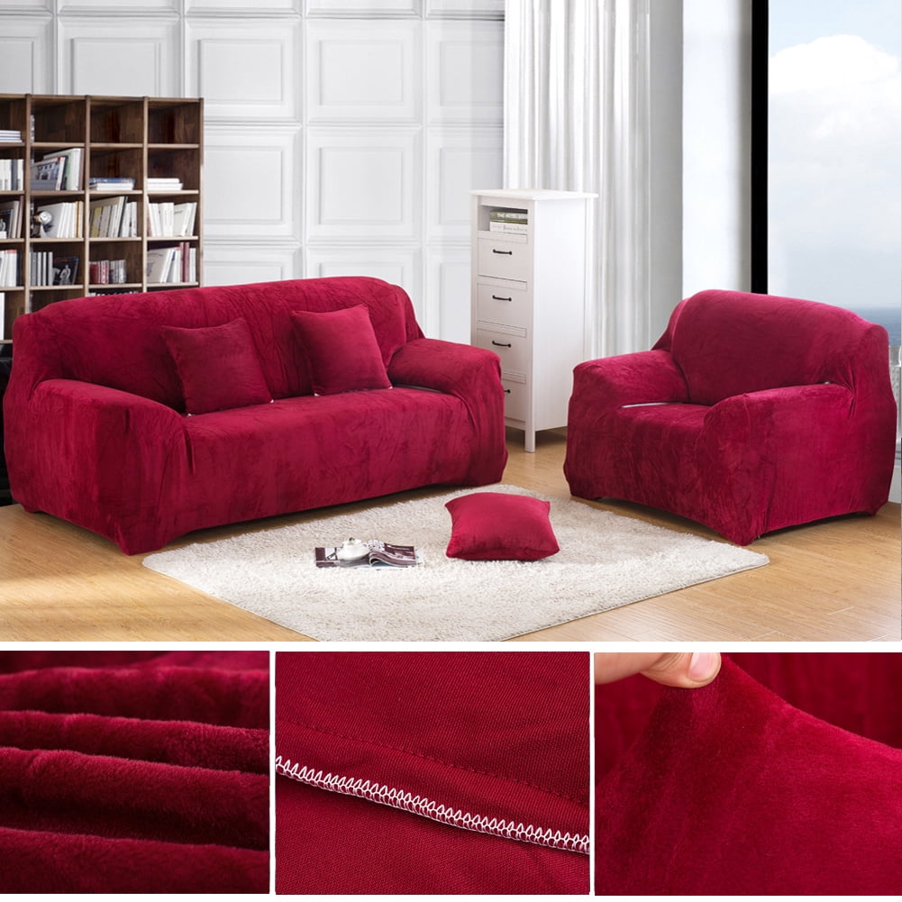 CJC Plush Sofa Covers Stretch Solid Thick Slipcover for 1-Seater Velvet Easy Fit Non-Slip Furniture, Wine Red