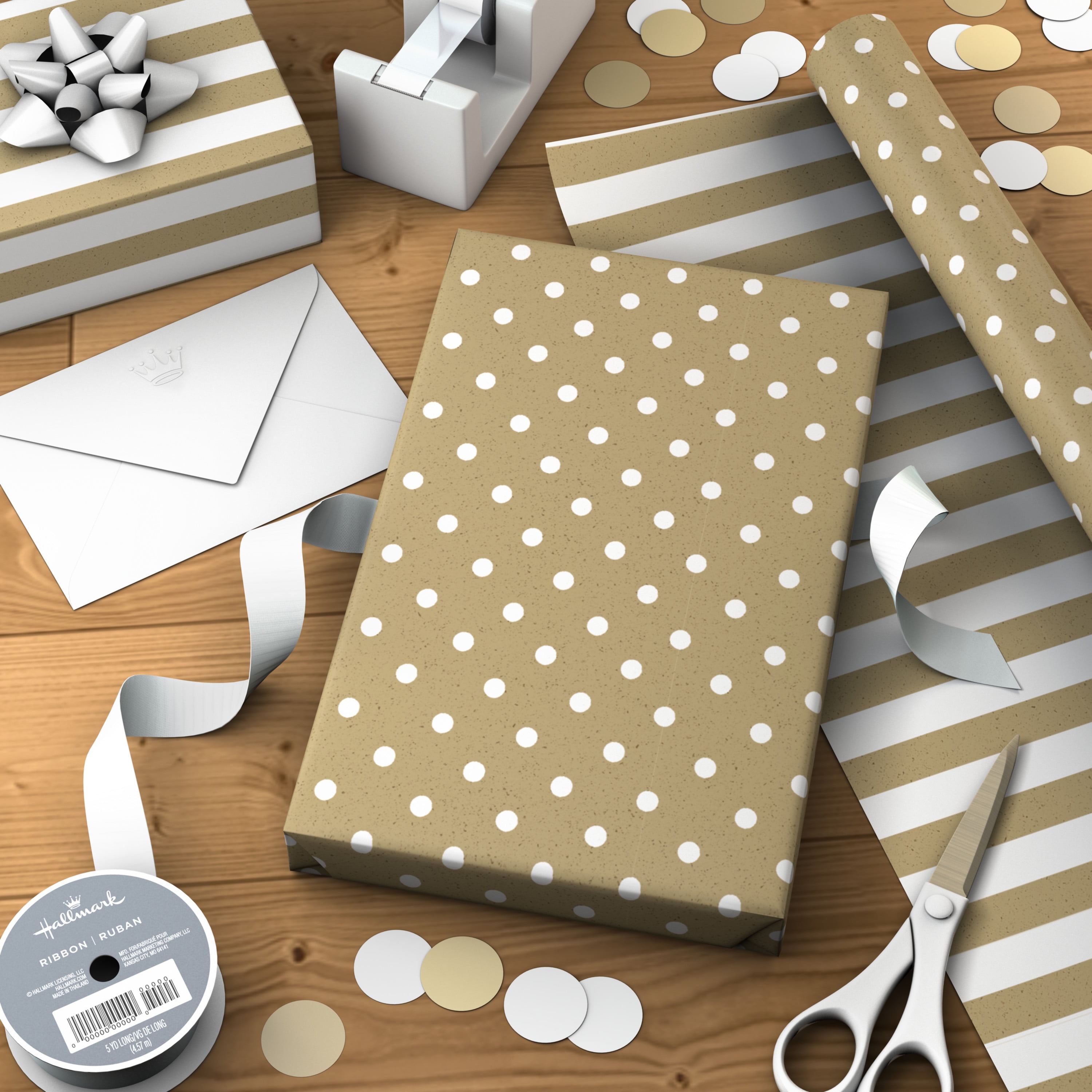 Hallmark Reversible Wrapping Paper Roll (Kraft Dots and Stripes) 20 Sq. ft.