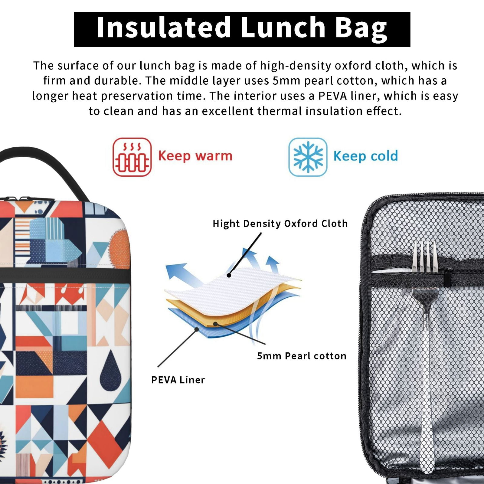 Lunch Bag For Women Men Insulated Portable Lunch Box Bento Box Office Picnic Travel Cooler Bag Aliceblue Geometric Patterns_4