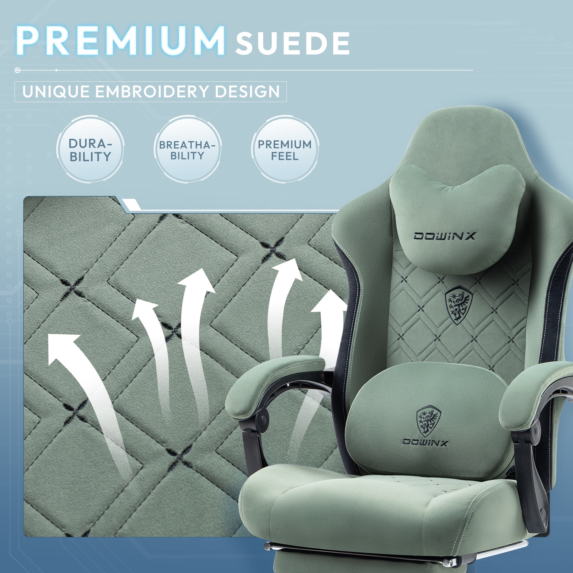 GOOSEA Fabric Gaming Chair with Heated Massage Lumbar Support, Big and Tall Game Chair for Adults, High Back PC Chair with Pocket Spring Cushion and Footrest, Green