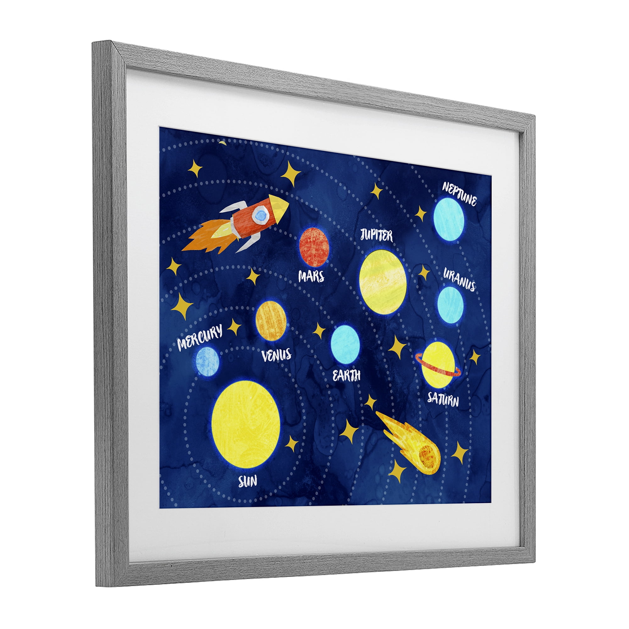 Rocket Across Solar System Gray Framed Print Under Glass, design by Daphne Polselli