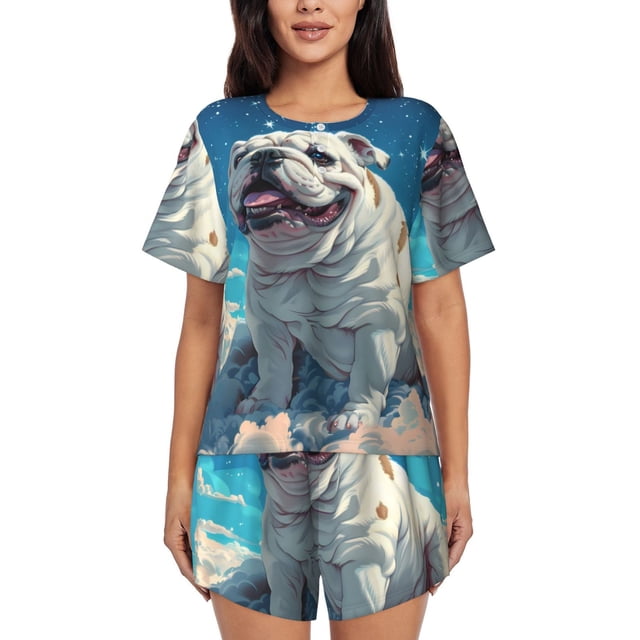 Fotbe Starry Sky Cloud Bulldog Conjunto de Pijama Estampado para Mujer, 2 Piezas, Ropa de Dormir con Camiseta de Manga Corta y Shorts Suaves-Small