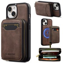 2 In 1 Detachable Leather Wallet and Phone Cases Compatible With IPhone 14 Plus 6.7" Wallet Case Zipper Pocket MagSafe Magnetic Phone Cases,Coffee,For iPhone 14 Plus
