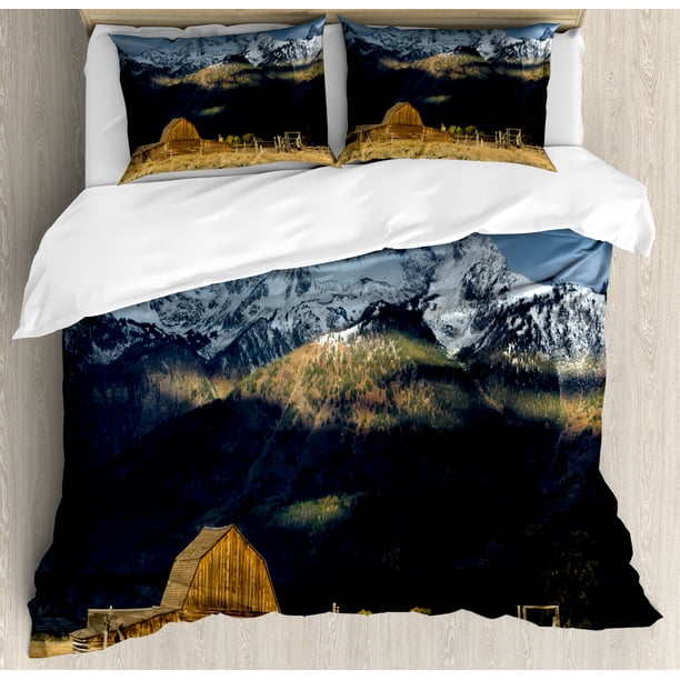 Wyoming Duvet Cover Set King Size, Panoramic View of Snowy Grand