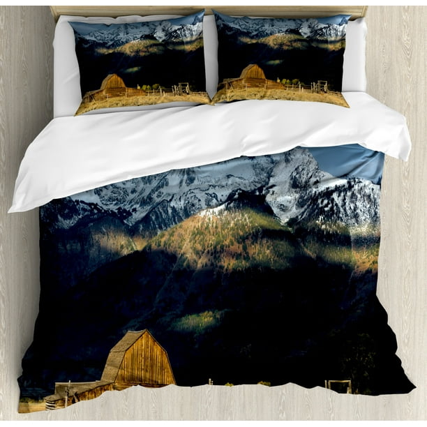 Wyoming Duvet Cover Set King Size Panoramic View Of Snowy Grand Mountains And Primitive Cottage Rustic Wooden Hut 3 Piece Bedding With 2 Pillow Shams Multicolor By Ambesonne Com 3 Piece Bedding Set With 2 Pillow Shams, Wyoming King Bed Comforter Set