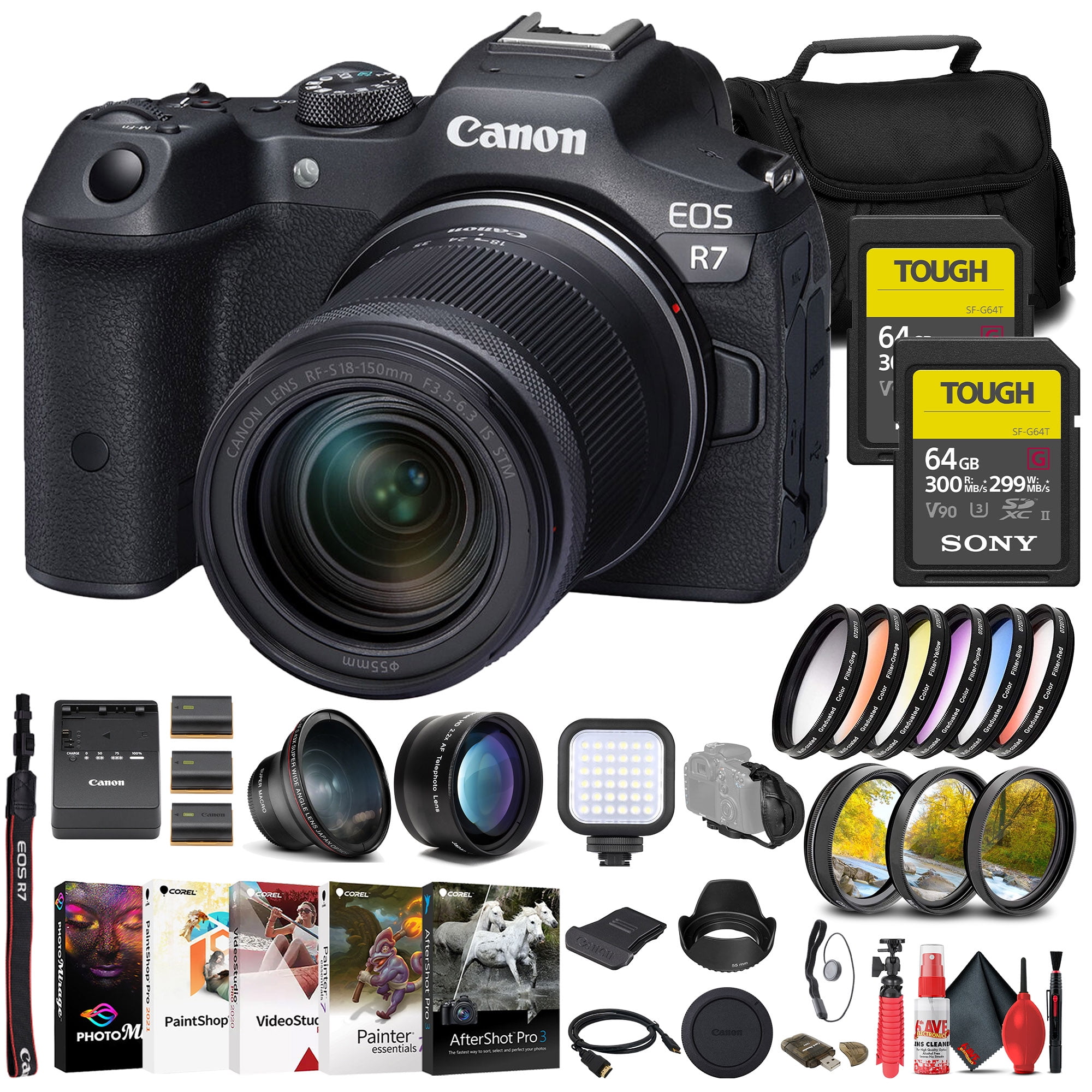gemakkelijk lekken schraper Canon EOS R7 Mirrorless Camera with 18-150mm Lens (5137C009) + 2 x Sony  64GB TOUGH SD Card + Filter Kit + Wide Angle Lens + Telephoto Lens + Color  Filter Kit +