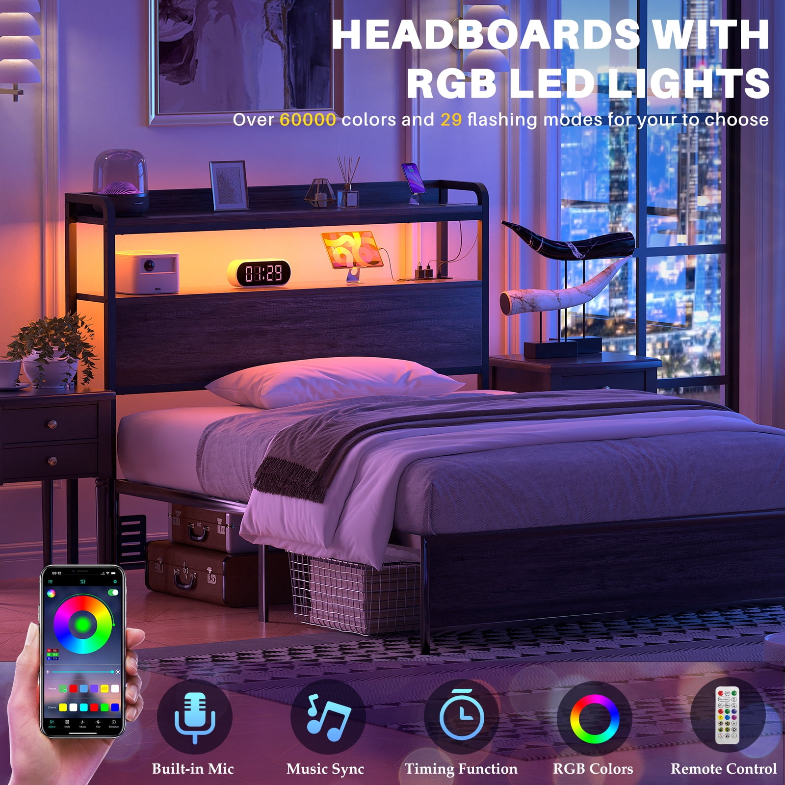 iSunrim Headboard for Twin Size Bed Frame, Headboard with Charging Station, USB Ports and LED Light, Headboard with Storage, Height Adjustable, Twin Size, Black Oak