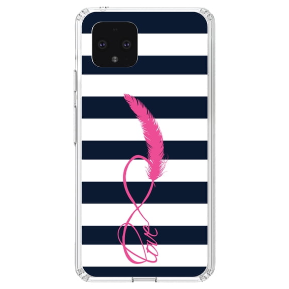 DistinctInk Clear Shockproof Hybrid Case for Google Pixel 4 (5.7" Screen) - TPU Bumper, Acrylic Back, Tempered Glass Screen Protector - Navy White Stripes Pink Love - Chevron Stripes Pattern