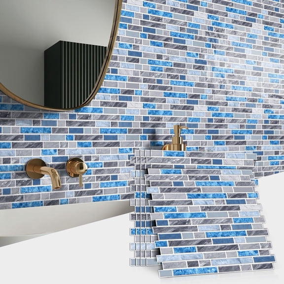 6 Piece Self Adhesive Tiles Stickers 3D Wall Decals 12" x 12" Blue Gray Mosaic Marbling Waterproof Peel and Stick Kitchen Backsplash Wallpaper