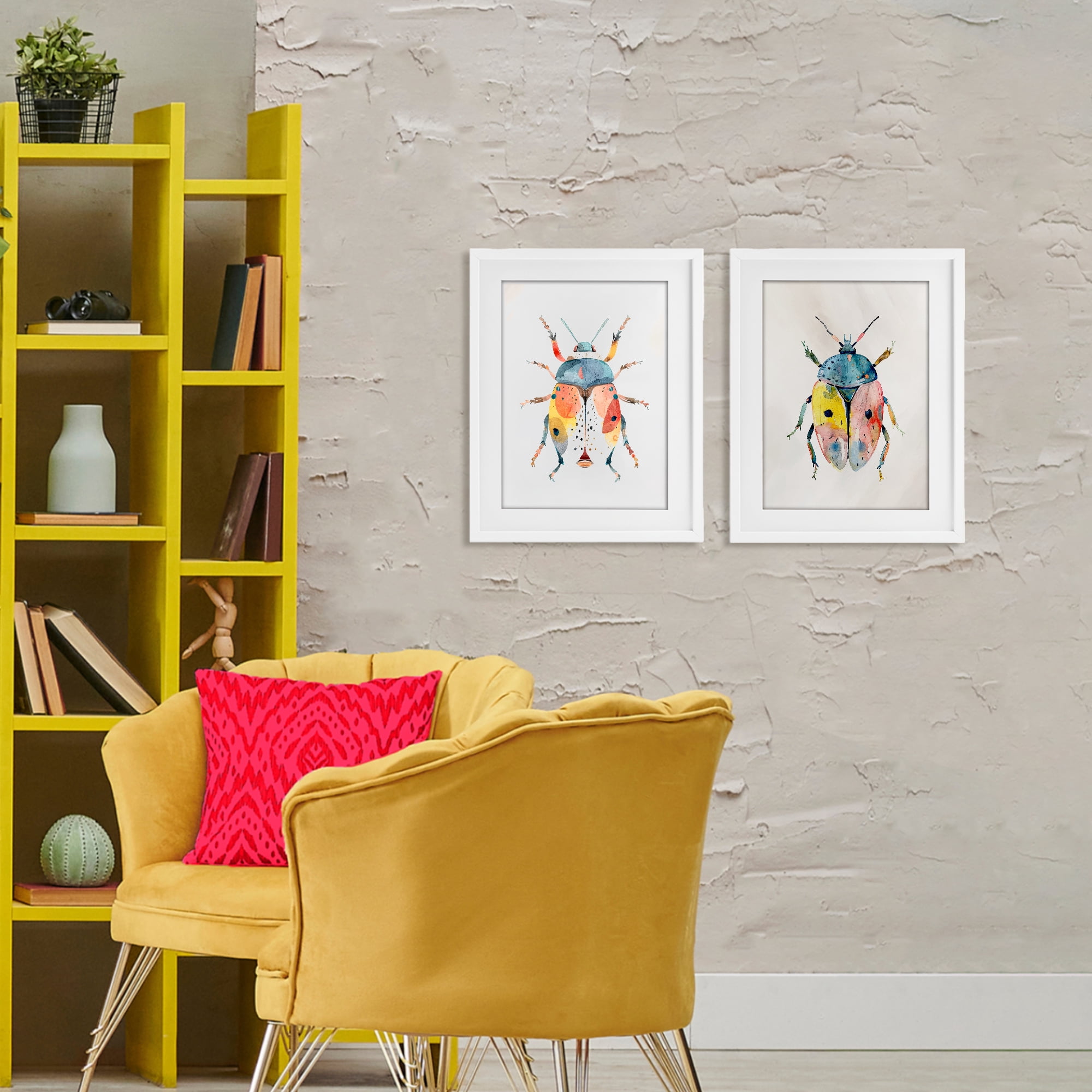 Stupell Industries Colorful Boho Beetles 2 Piece White Framed Print Under Glass Set, design by Kim Allen