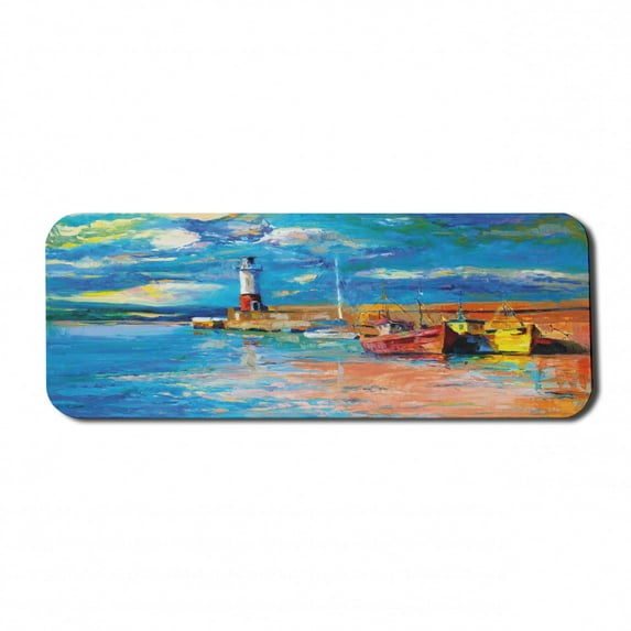 Art Computer Mouse Pad, Oil Painting Tones Style Lighthouse and Boats on Sea Shore Town Coastal Charm Picture, Rectangle Non-Slip Rubber Mousepad Large, 31" x 12", Multicolor, by Ambesonne
