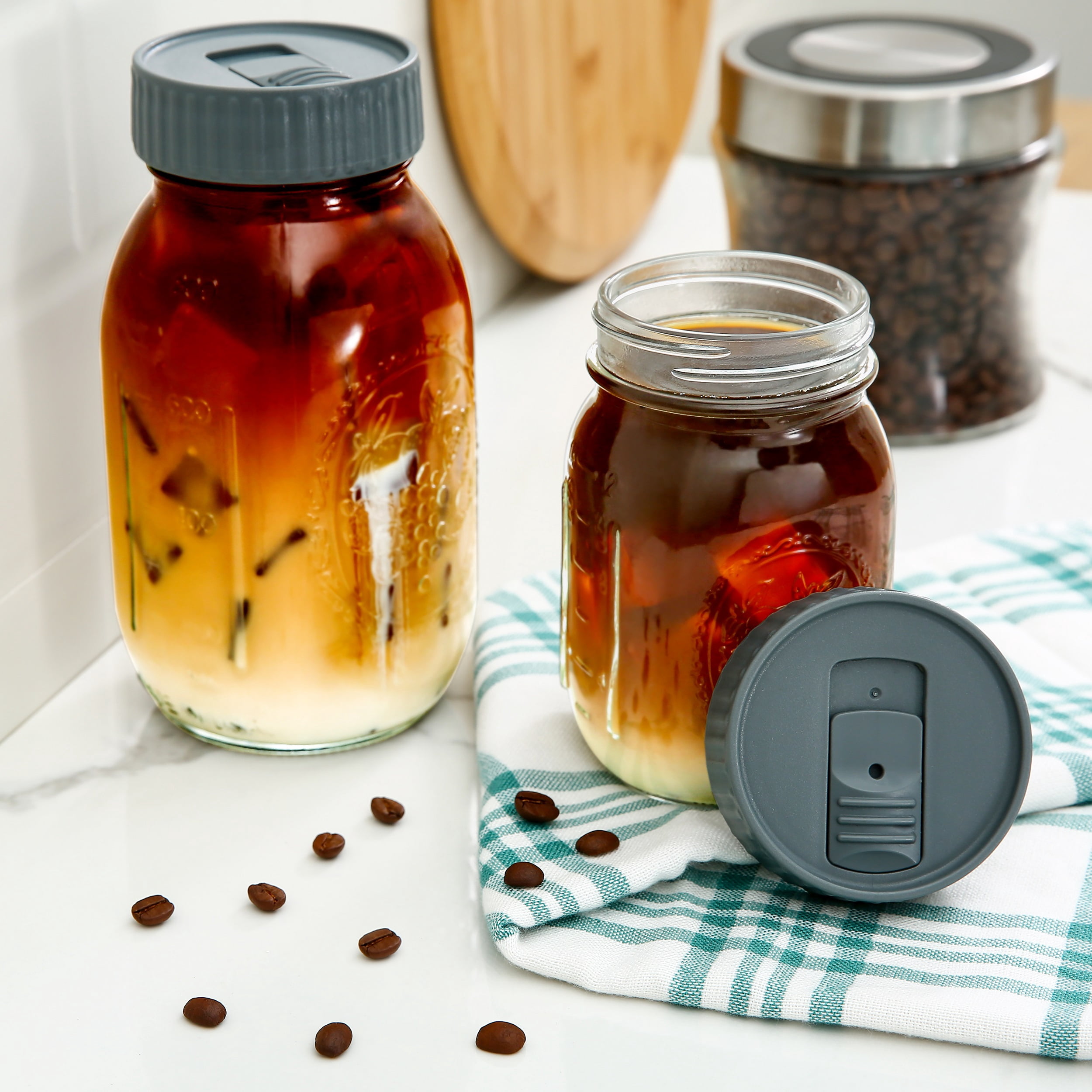 (2 pack) Mainstays BPA-Free Plastic Mason Jar Lids for Drinking – Dishwasher Safe Gray Canning Jar Lids