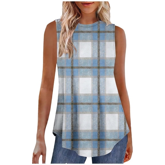 Htigea Plaid Tank Tops for Women Summer Crewneck Sleeveless Shirts Casual Loose Fit Tunic Blouse Light Blue S