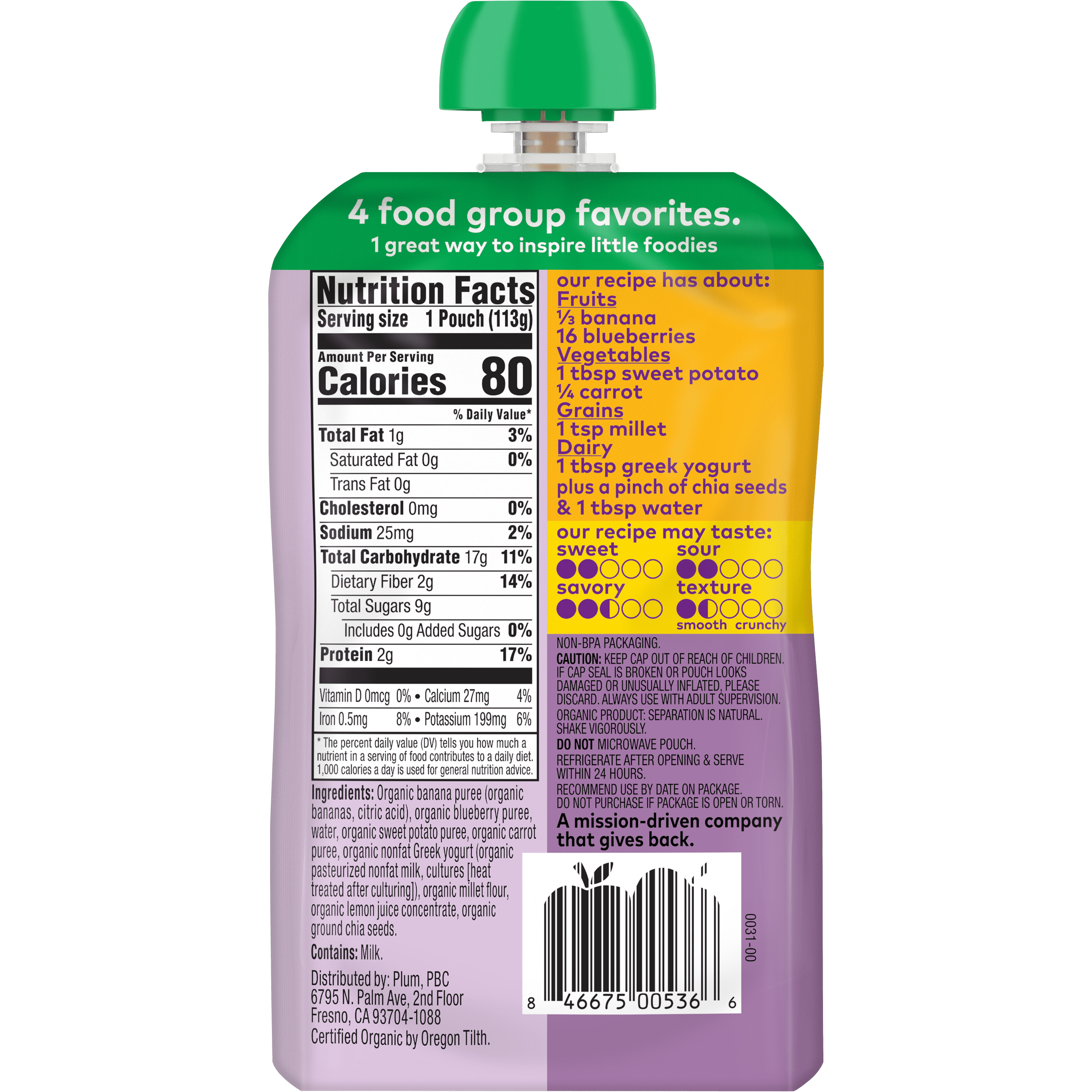 Plum Organics Mighty 4 Organic Toddler Food, Banana, Blueberry, Sweet Potato, Carrot, Greek Yogurt and Millet, 4 oz Pouch - Case of 12