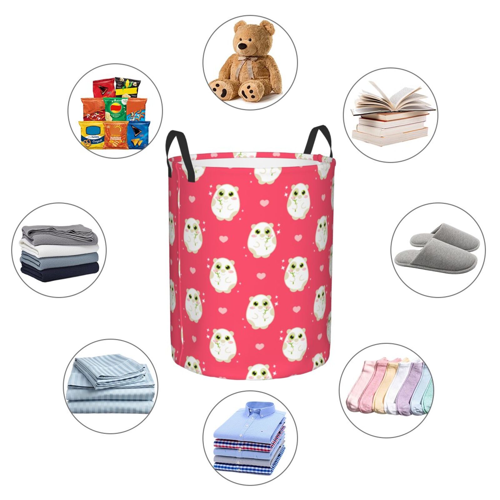 Large Laundry Basket with Handles - Cartoon Cute Hamster Rose Red Kids Baby Dirty Clothes Laundry Hamper for Bedroom Aesthetic
