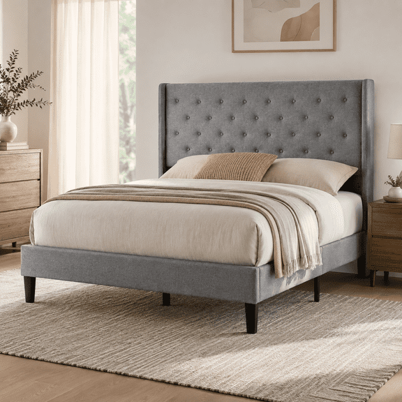 Zocalo Cama Matrimonial Tapizada con Cabecera Acolchada, Estructura de Metal con Listones de Madera, Soporte hasta 350 kg, Diseño Silencioso, 196 x 142 x 119.5 cm, Gris