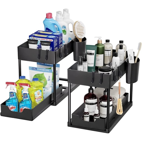 Vorfor 2Pcs Under Sink Organizers, Pull-Out Sliding Cabinet Organizer with 2-Tier Storage Shelf, 8 Hooks, 4 Hanging Cups for Kitchen & Bathroom, Black