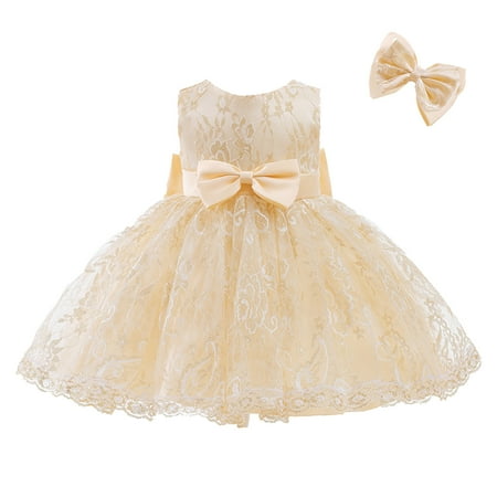

HIBRO Toddler Kids Girls Prints Sleeveless Party Hoilday Court Style Tulle Mesh Bowknot Dress Hairband Princess Clothes Dresses for Teen Girls for Dances Champagne Toddler Flower Girl Dress