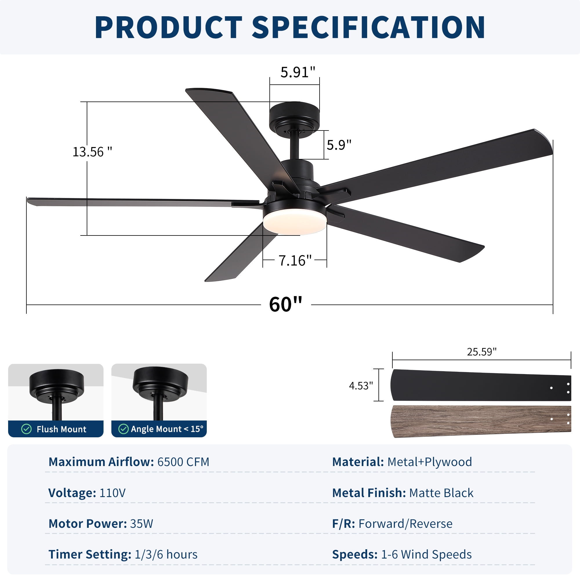 Leumius 60" Ceiling Fan with Lights and Remote, Modern Farmhouse Ceiling Fan with Quiet DC Motor, 6 Speeds, Reversible Blades, Dimmable 3CCT LED Light for Indoor Outdoor Large Room