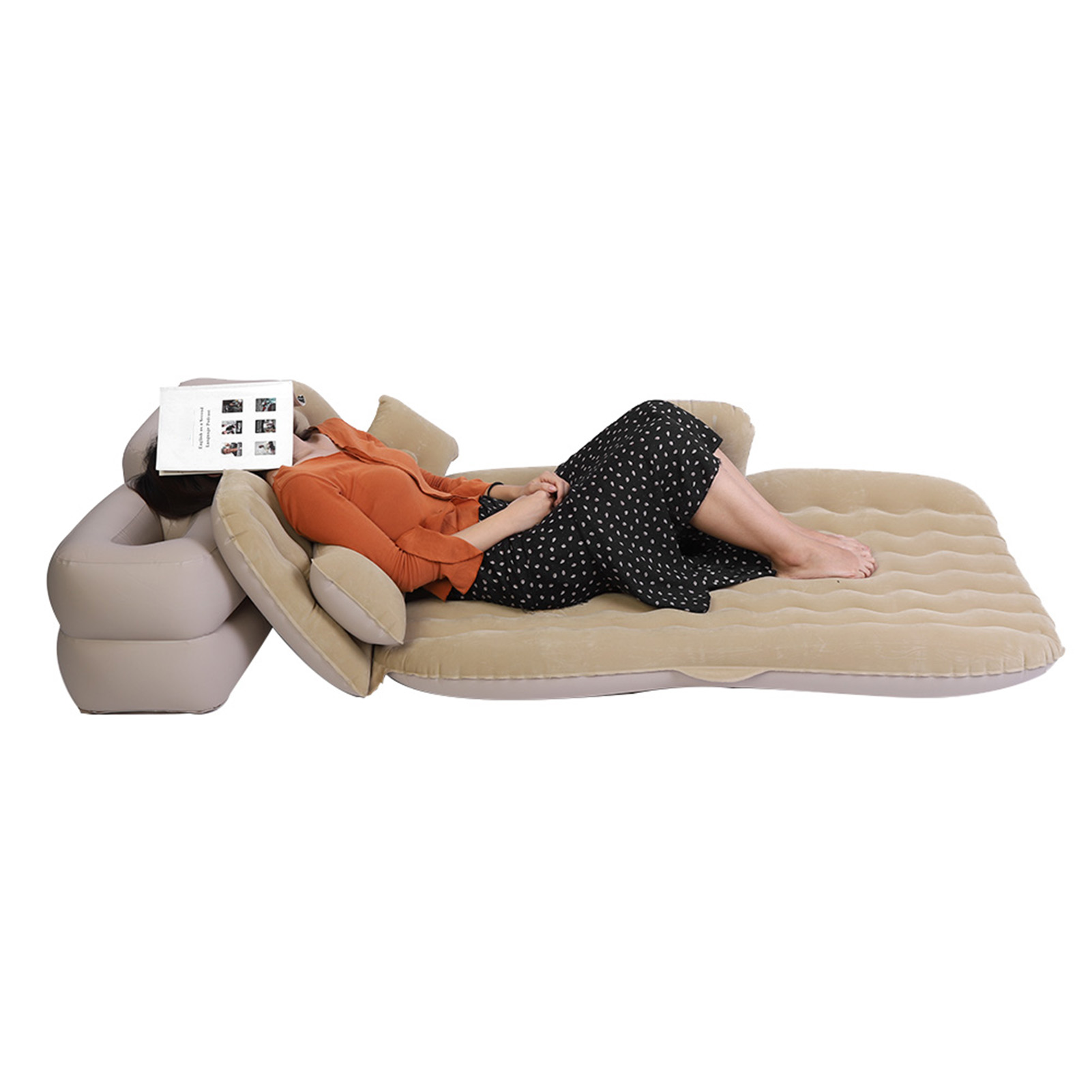 Yajisi Beige Inflatable Car Air Bed Travel Mattress for SUV Rear Seat, Heavy Duty Portable Camping Sleep Pad with 2 Pillows 2 Stools and Air Pump (Beige, 10 inches / 25.4 cm)