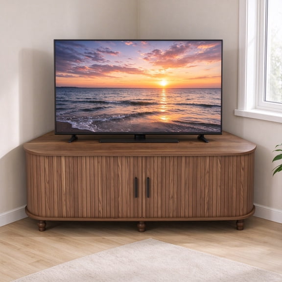 47” Corner TV Stand for 55“ TV, Wood Corner Entertainment Center with Storage, TV Media Console Cabinet with 2 Sliding Tambour Doors