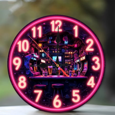 Retro Neon Clock Bar Arcade Game Room Wall Art 10-Inch Silent Wooden Wall Clock, Battery Operated (AA Batteries Not Included), Artistic Home Decor