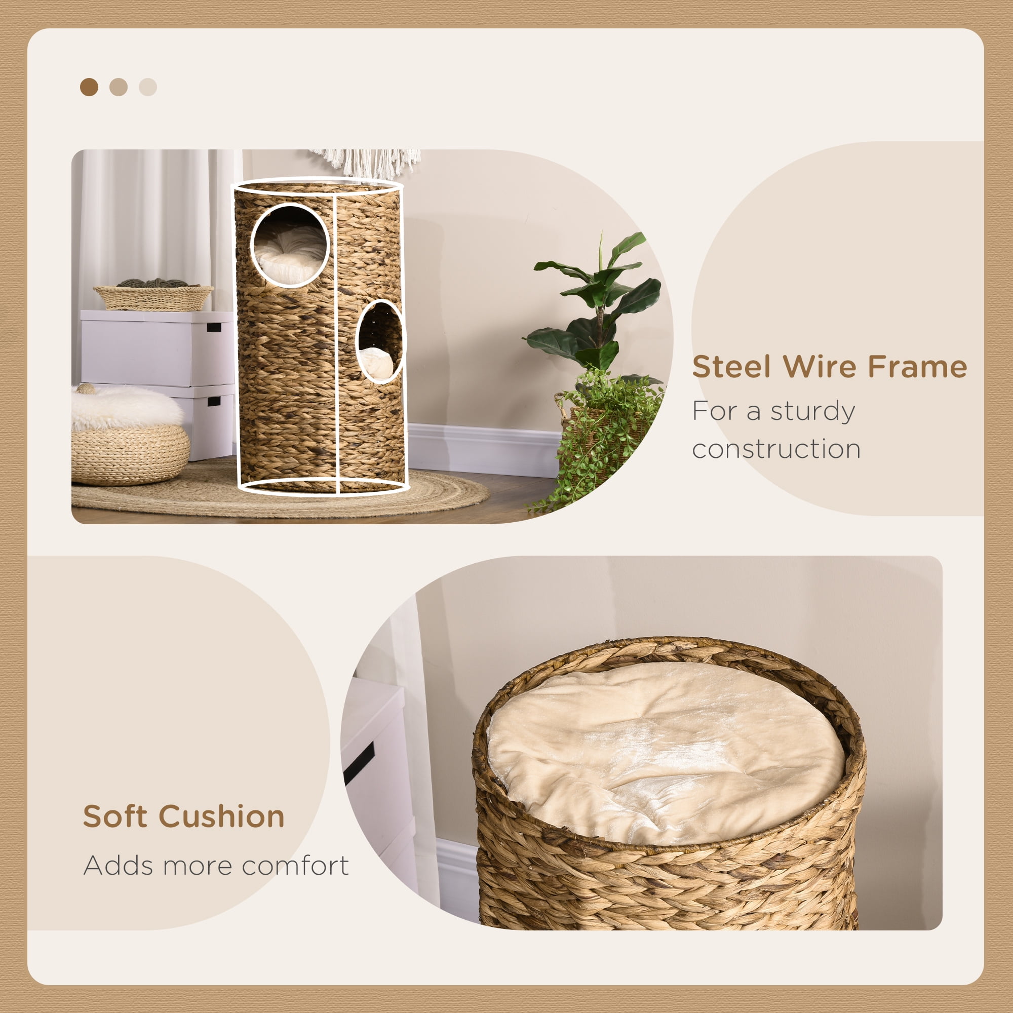 Elevated Cat Bed Tower with 3 Hideaways & 4 Plush Cushions, Multi-Layer Hand-Woven Water Hyacinth Cat Cave, Space-Saving Raised Kitten Resting Perch for Indoor Cats