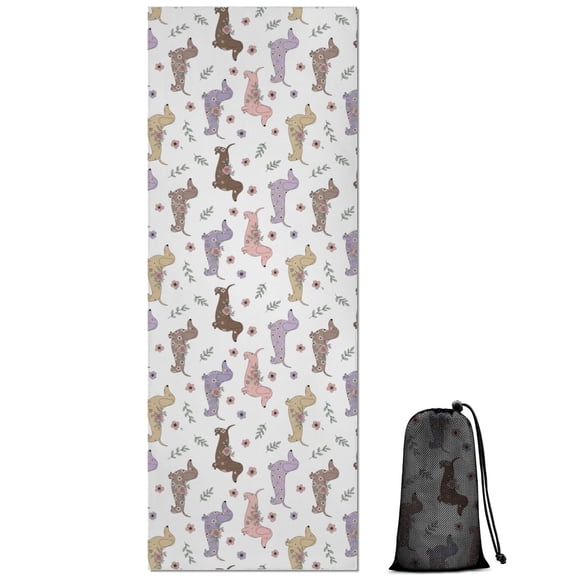 70x26 Inch Yoga Towel, Sweat Absorbent Non-Slip Mat for Hot Yoga, Pilates & Fitness,Dachshund Floral White Pattern