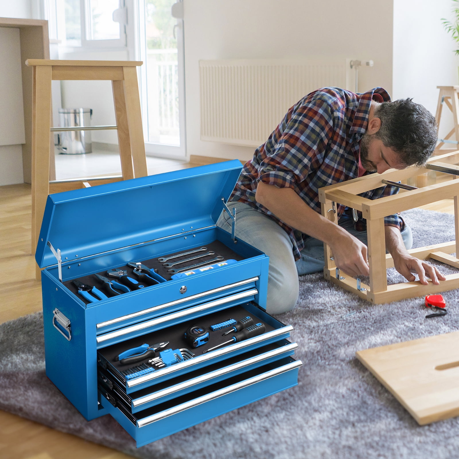 Ktaxon Tool Box, Portable 5 Drawer Steel Toolbox with Top Storage Tray & Carrying Handle, for Garage Trunk Household, Blue