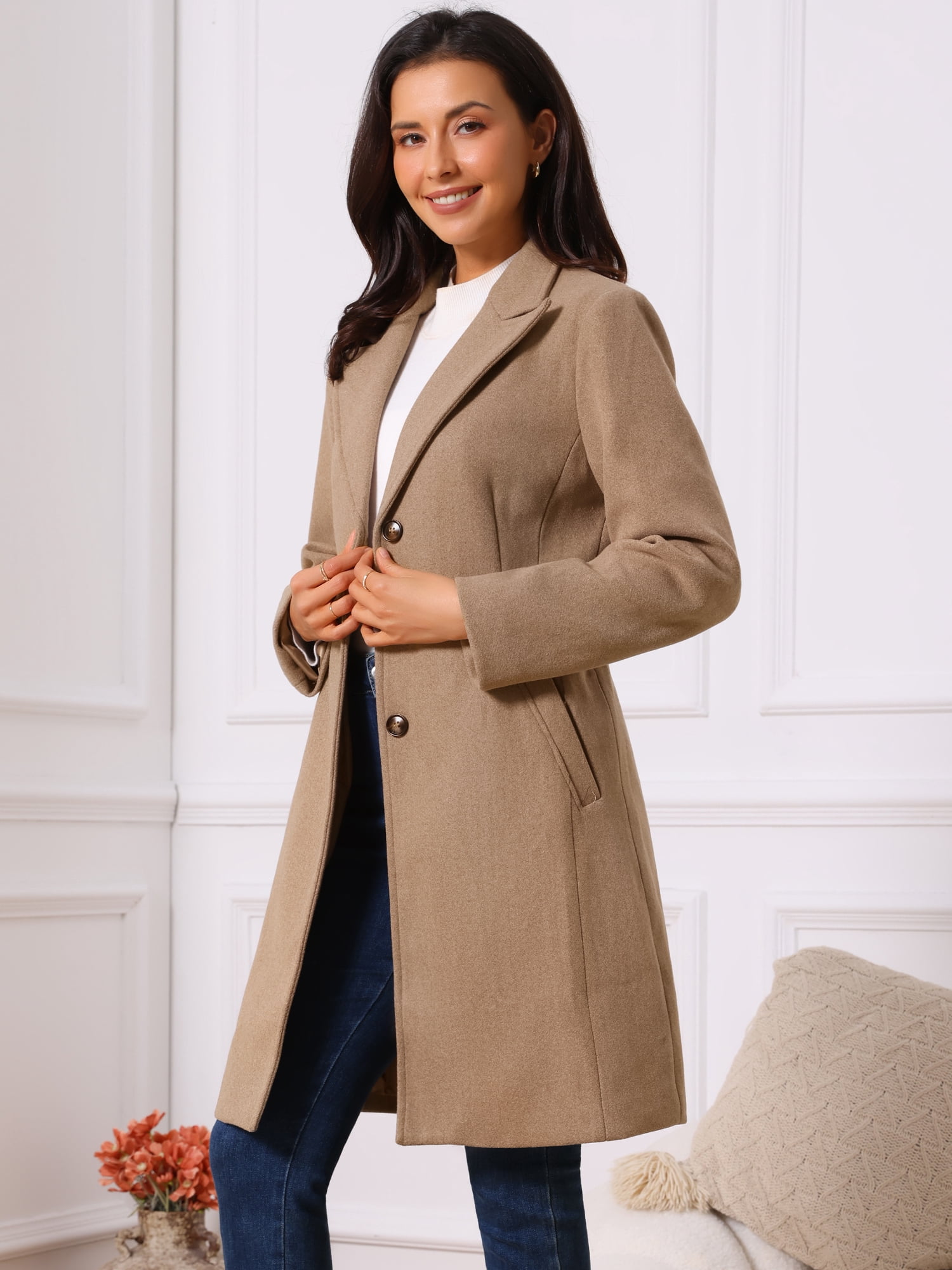 DARING DIVA Women's Winter Single Breasted Peacoat Notched Lapel Button Down Overcoat M Brown