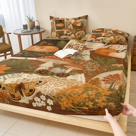 Full Size Fitted Sheet Set - Fall 3 Piece Bedding Sets 16" Deep Pocket Fitted Sheet with 2 Pillowcases, Thanksgiving Country Harvest Fox Pumpkins Maple Leaf Brushed Microfiber Hotel Luxury Bed Sheets