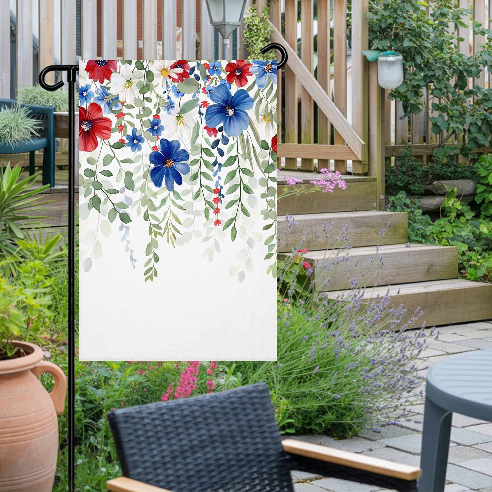 4th of July Garden Flags Red Blue Floral Garden Flag Double Sided Welcome Flag Eucalyptus Leaf Branch Independence Day Yard Flags for Outdoor Lawn Porch Memorial Day Holiday Decor 28x40 Inch
