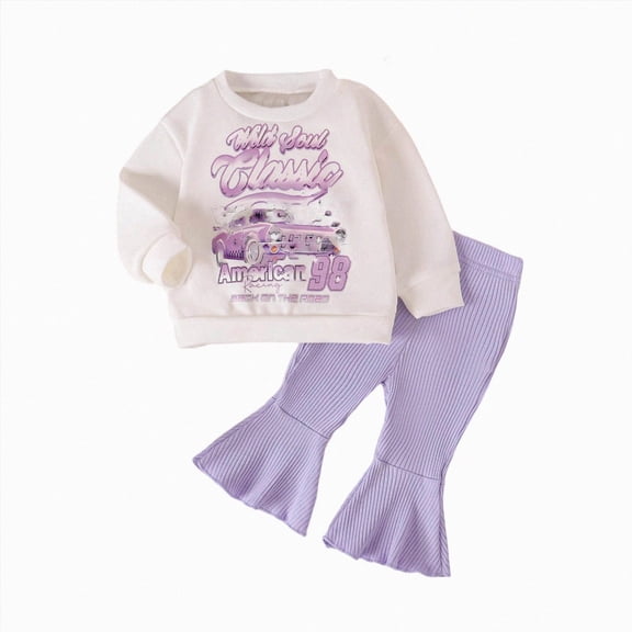 TOWED22 Toddler Clothes For Baby Girls Cute Graphic Print Long Sleeve Sweatshirt Pants Girls Warm Fall Winter Outfits Set,Purple,18M