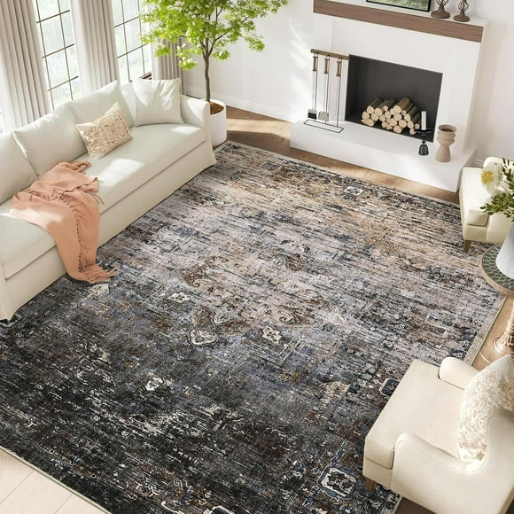 YUSAZENS 8 x 10 Vintage Distressed Washable Area Rug for Living Room, Non-Slip Ultra-Thin Soft Bedroom Carpet, Large Soft Rug for Dining Room, Low Pile Non-Slip Indoor Area Rug for Bedroom Camel