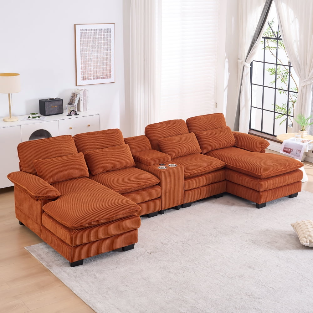 124" U-Shaped Modern Sectional Sofa w/ Console, Cup Holders & Pillows,  Comfortable Seating
