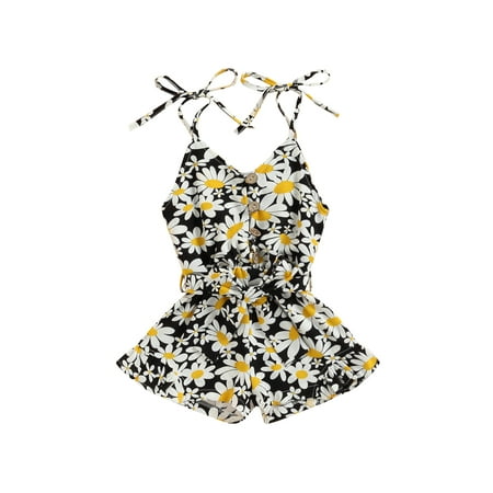 

Nokpsedcb Toddler Baby Girls Summer Romper Chrysanthemum Print Sleeveless Jumpsuit One-Piece Button Shorts Playsuit Black 5-6 Years