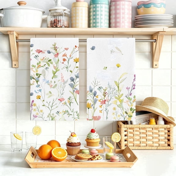 Wildflower Kitchen Towels Set of 2, 26 x18 inch Absorbent Polyester Dish Towels for Spring Summer Farmhouse Kitchen Decor & Gifting