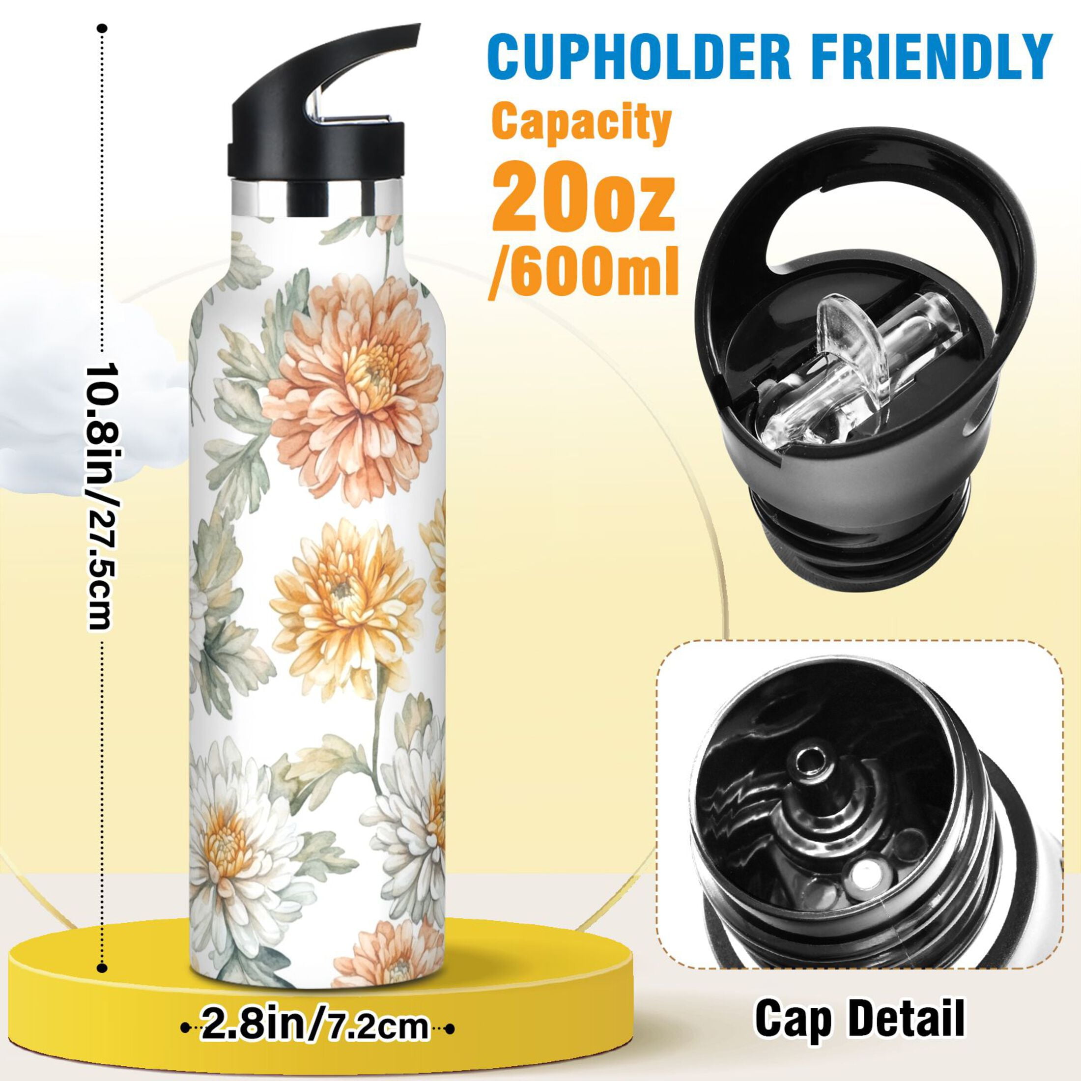 600ML Stainless Steel Insulated Cup Sports Water Bottle Portable Thermos Cup Water Glasses Insulated Tumblers Convenient and Durable Coral Chrysanthemums