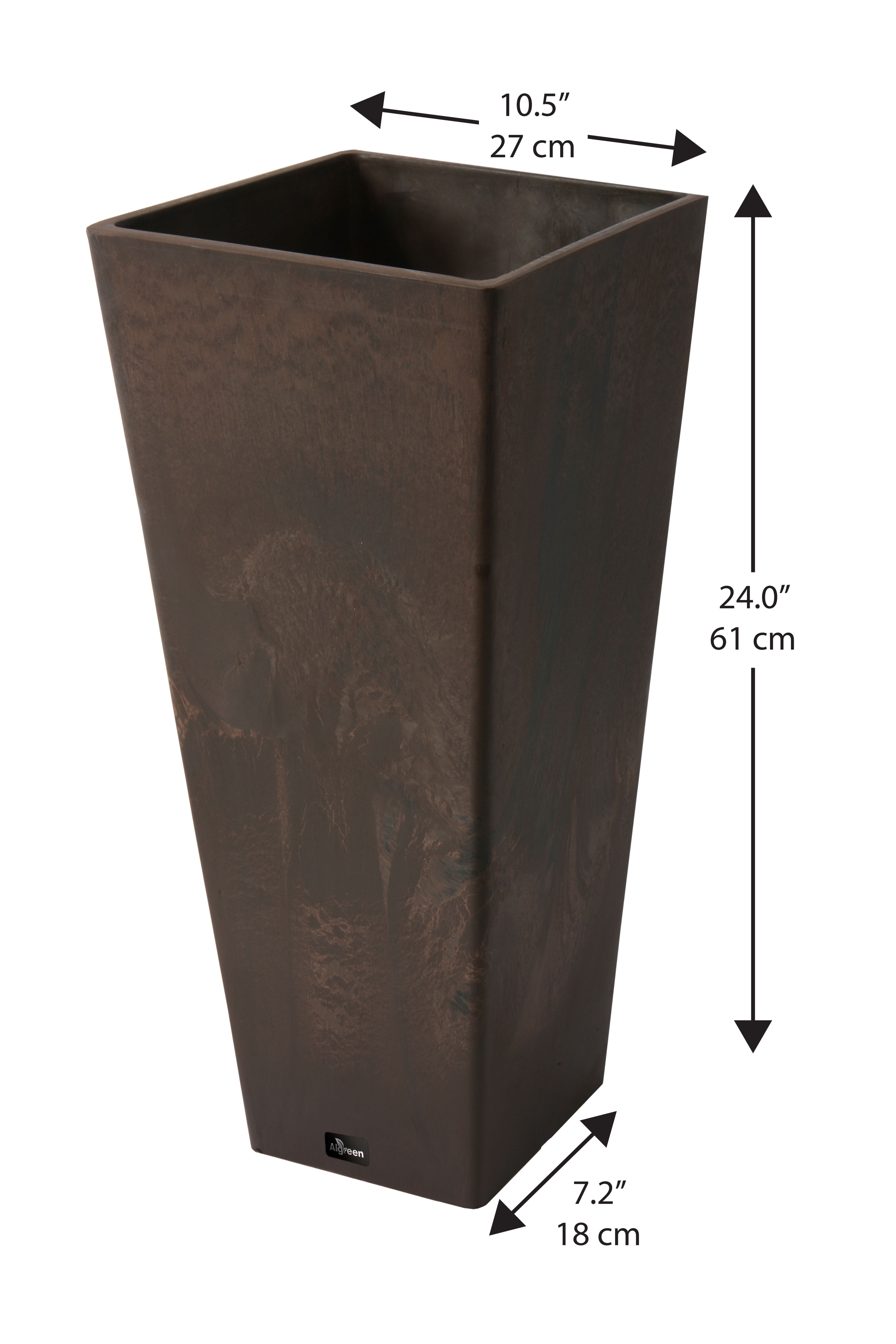 Valencia 10.5"x24"H Square Planter with Water Tray, Brown Marble